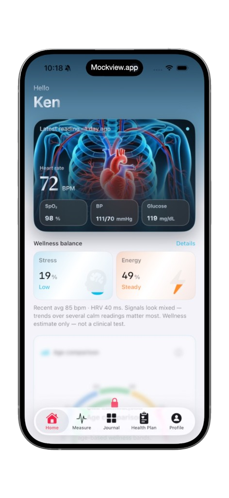 Cardivo home screen with the latest iPhone camera heart rate reading